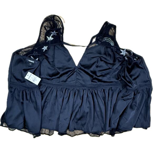 NWT Express Celestial Embroidered Silver Star Mesh Peplum Top Black V- Neck 10 - Picture 5 of 8